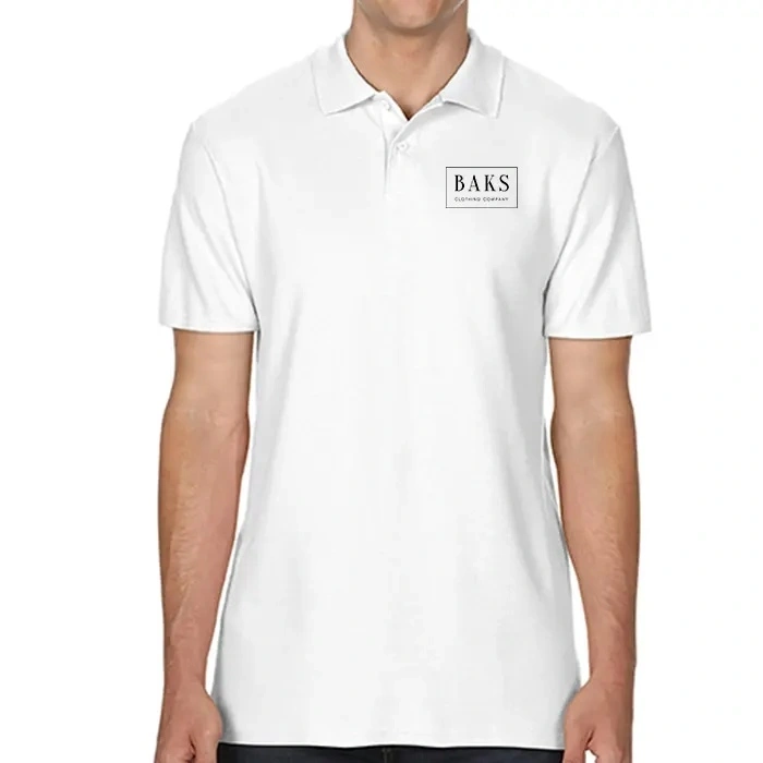 White branded polo shirt featuring a BAKS Clothing Company logo